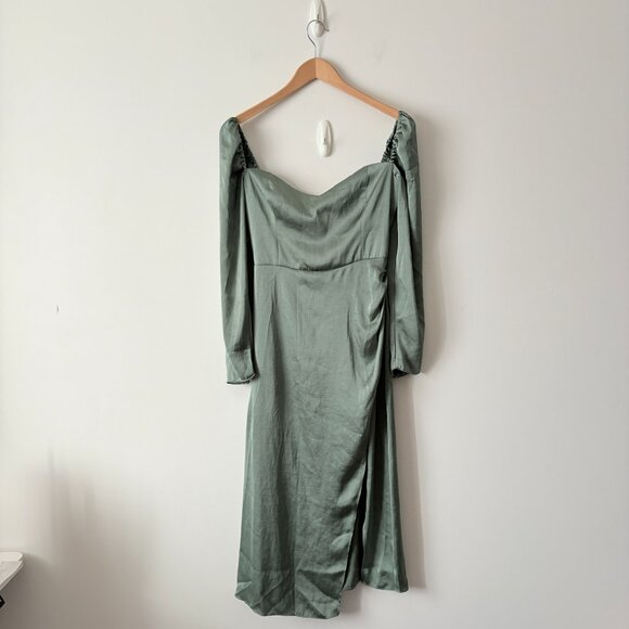 Aritzia Wilfred Anfora Satin Long Sleeve Dress Gallery Green Sage Size 4 - Picture 4 of 9